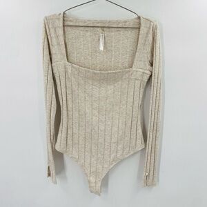 Free People Intimately Free Square Neck Long Sleeve Bodysuit Beige Size Medium